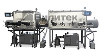 Установка из двух перчаточных боксов VBOX PRO 1800 (опции VPURE 110,  АС1, шлюз с нагревом, ES, RACK2, EF3, VPURE RS, FGF1V(4)) и VBOX PRO 1250 (опции VPURE 110, АС1, шлюз с нагревом, ES, RACK2, EF3, VPURE RS, FGF1V(4)) с соединительным Т-образным шлюзом